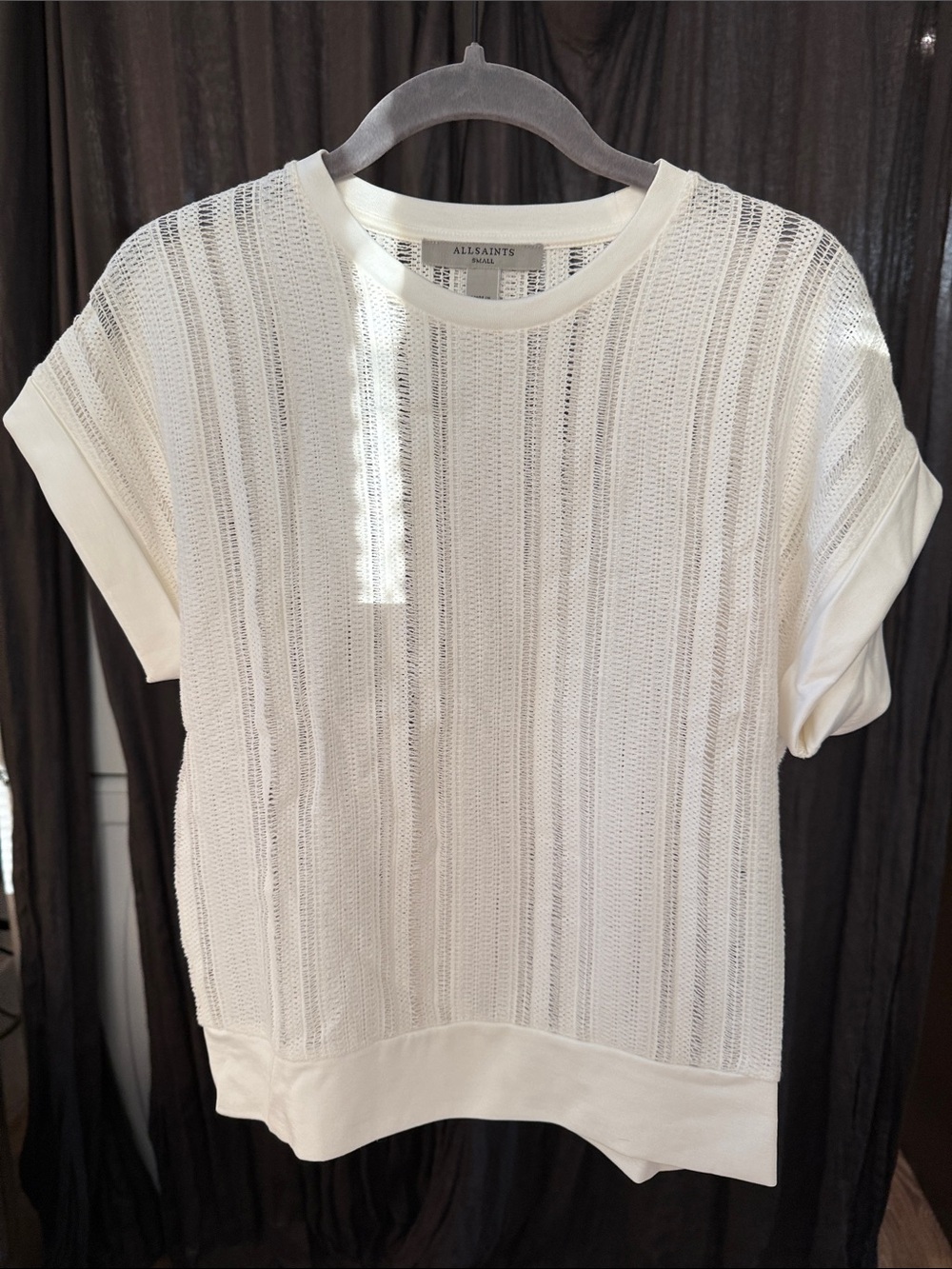 All Saints Soft White Open-Weave Short Sleeve Knit Tee